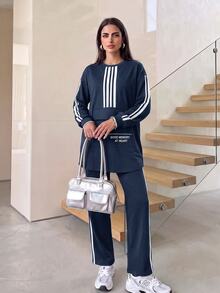 Solavon Women's Colorblock Long Sleeve Top And Pants Casual Daily 2 Pieces Set - Navy Blue - View 4