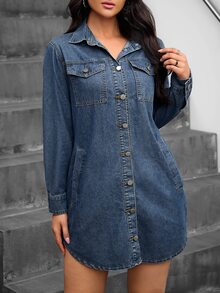 SHEIN Tall Women's Long Sleeve Collared Denim Shirt Dress, Front Button Closure, Patch Pockets, Curved Hem, Casual Denim Mini Skirt - Dark Wash - View 6