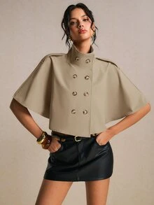 Poéselle 女款純色雙排扣休閒披肩式風衣 - 卡其色 - 查看 6