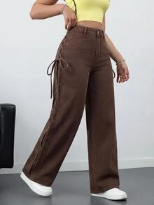SHEIN ICON 女款休閒寬鬆蝴蝶結牛仔褲 - 棕色 - 查看 3