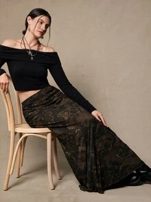 Freevana Plus Size Bohemian 90s Vintage Western Style Paisley Flower Print Versatile Black Knit Skirt For Women, Autumn/Winter Fall Brunch Date Night - Multicolor - View 1