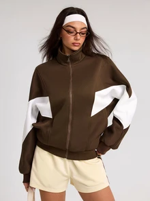 SHEIN Core Rhythm Damtröja med färgblock, lång ärm och dragkedja, sportig sweatshirt - Brun - Visa 5