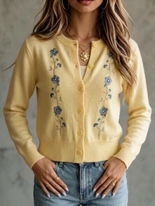 SHEIN Round Neck Short Embroidered Autumn/Winter Knit Cardigan Everyday Date Blue Floral Cottagecore Cute - Yellow - View 5
