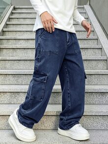 SHEIN 青少年美式復古高腰寬鬆寬腿工裝牛仔褲，街頭休閒風，多口袋設計，深藍色水洗效果，寬鬆版型，適合日常街頭穿搭與開學季 - 深色水洗藍 - 查看 3