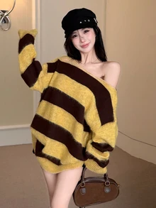 DAZY 秋冬女款長袖露肩黃棕撞色粗條紋毛茸茸寬鬆休閒街頭甜美針織毛衣 - 黃色 - 查看 6