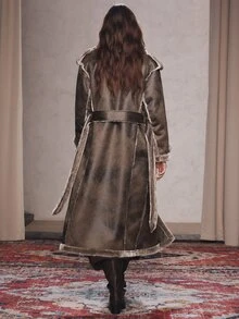 Anewsta Grey Lapel Fur-Trimmed One-Piece Long Coat With Waist Tie For Women - Brown - View 7