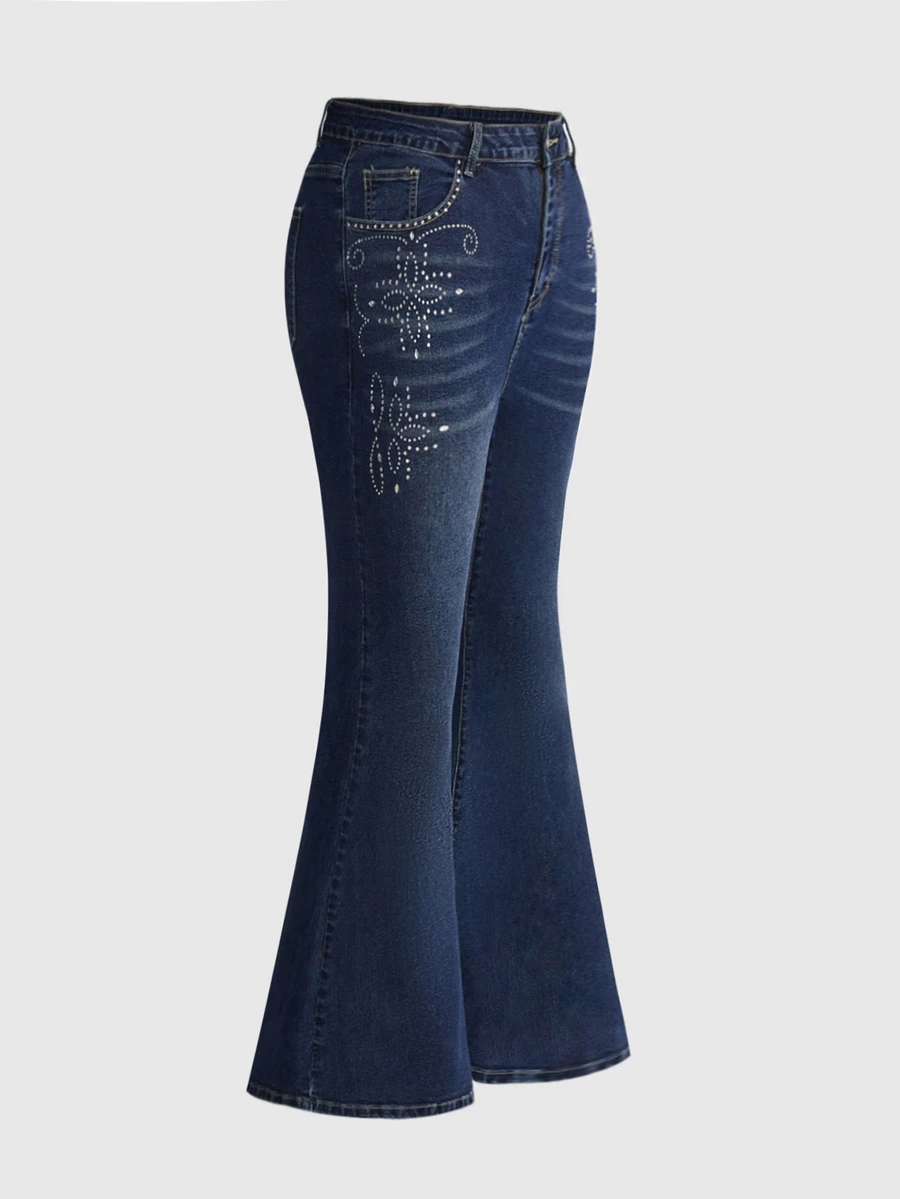 ROMWE Quần jeans denim ống loe size lớn, co giãn cao, thoải mái, họa tiết đính đá, phong cách thường ngày đa năng - Màu xanh lam - Xem 1