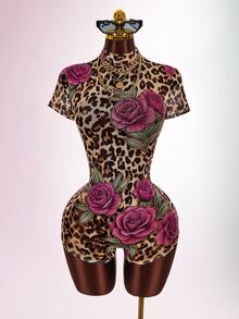 Amplova Leopard Print Bowknot Strap Fitted Short Sleeve Ruched Floral Semi-Sheer Sexy Women's Mini Bodycon Jumpsuit - Purple - View 6