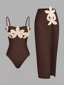 Swim Vcay Spring/Summer Girls Vacation Influencer Solid Color Starfish Design One-Piece Swimsuit With Beach Cover-Up Set - Brown - View 6