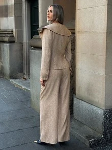 Aloruh Women's Autumn/Winter Brown Textured Lapel Waist-Cinching Blazer + Striped Wide-Leg Long Pants Suit Set - Brown - View 2