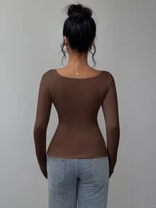 SHEIN BASICS 女款休閒針織修身長袖圓領基本款T恤冬季女裝 - 棕色 - 查看 6