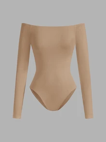 SHEIN BASICS 純色露肩連身衣/春夏季女裝套裝 - 駝色 - 查看 1