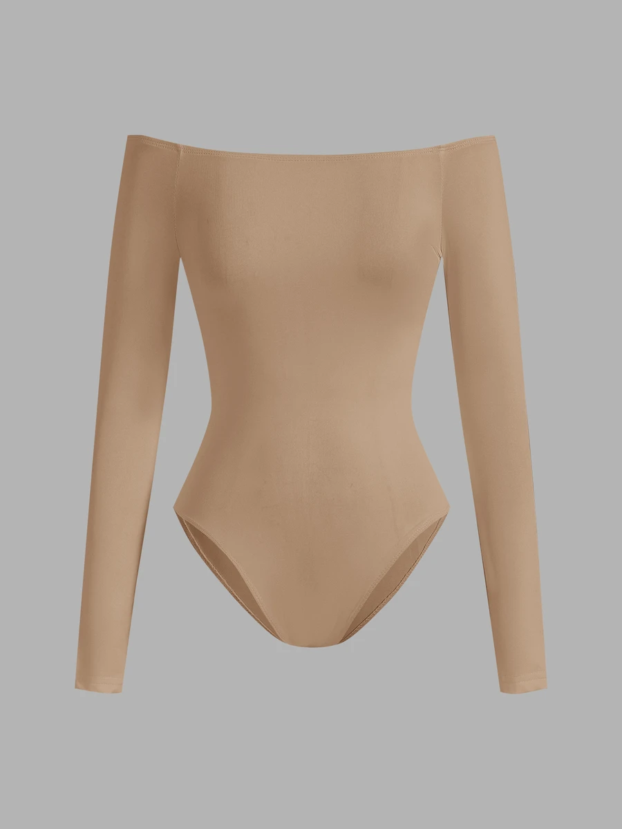 SHEIN BASICS 純色露肩連身衣/春夏季女裝套裝 - 駝色 - 查看 1