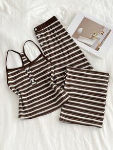 Elamini Women's Elegant Commute Casual Fashion & Versatile Striped Camisole Long Pants & 2 Pieces Set - Coffee Brown - View 3