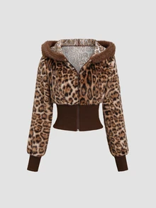 Sweetra Women's Leopard Print Patchwork Faux Fur Hooded Zip-Up Short Coffee Color Sweatshirt Jacket - Coffee Brown - View 1