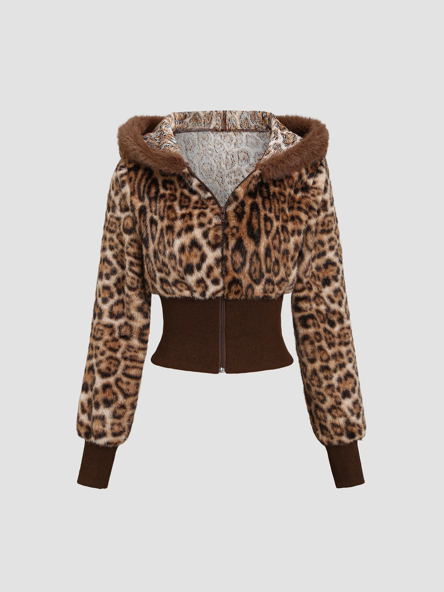 Sweetra Women's Leopard Print Patchwork Faux Fur Hooded Zip-Up Short Coffee Color Sweatshirt Jacket - Coffee Brown - View 1