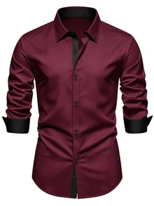 Manfinity Mode Men's Black Long-Sleeve Business-Casual Shirt - Premium Embossed Design - Burgundy - View 3