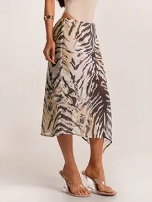 SHEIN BAE Fall Apricot Animal Print High Waist Asymmetrical Flowy Chiffon Midi Skirt Vacation Boho Date Street Casual Beach - Multicolor - View 7