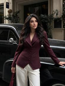 Modelyn Women's Burgundy Woven Cinched Waist Padded Shoulder Long Sleeve Button-Up Romantic Elegant Blazer - Burgundy - View 10