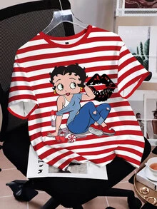 Betty Boop x SHEIN 女款條紋卡通印花休閒日常穿著T恤 - 白色 - 查看 3