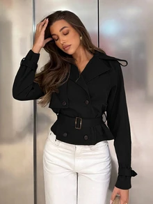 Siren Gaze Solid Color Double-Breasted Cropped Trench Coat Jacket For Women, Autumn/Winter New Style - Black - View 5