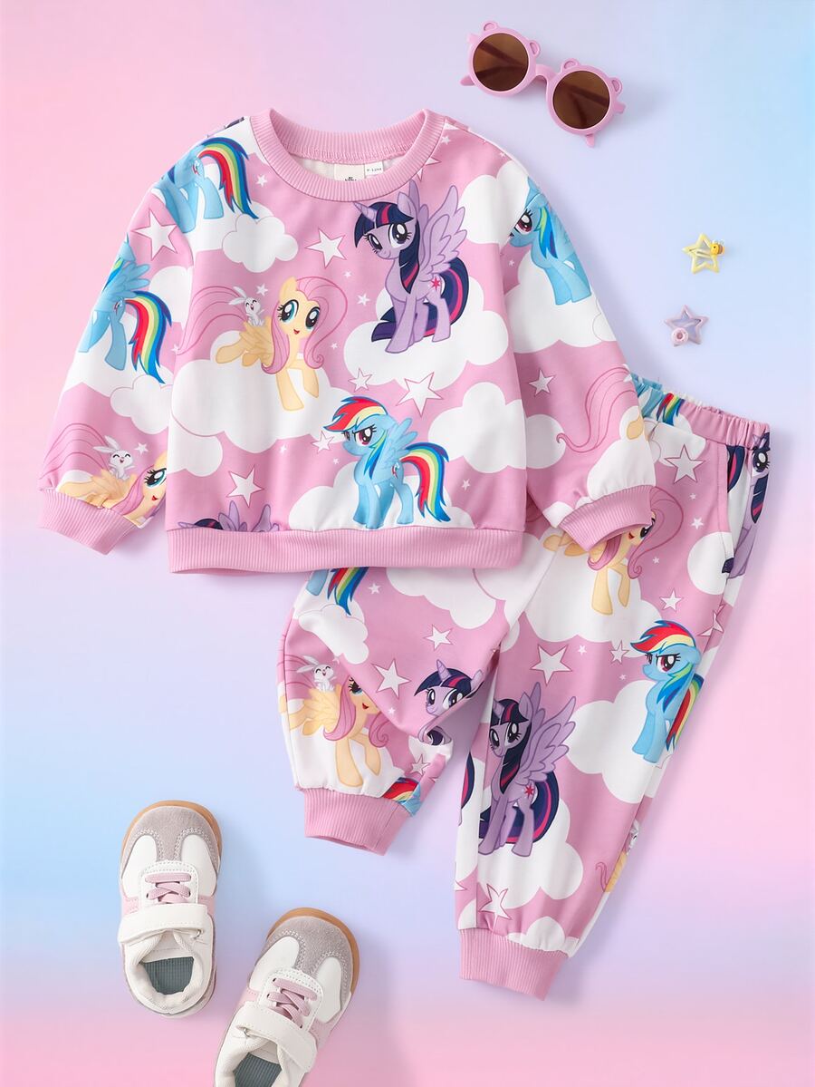 My Little Pony X SHEIN Baby Girl Cartoon Print Long Sleeve Sweatshirt And Jogger Pants Set - Multicolor - View 1
