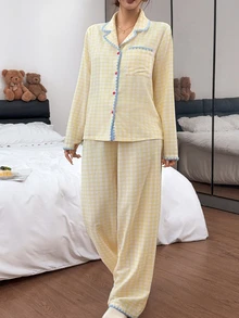 Napfluff Women's Woven Plaid Print Contrast Trim Long Sleeve Long Pants Pajama Set - Yellow - View 3
