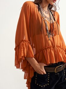 Bohemela Plus Size Women Solid Color V-Neck Front Tie Flared Sleeve Ruffle Hem Loose Fashion Blouse - Orange - View 4