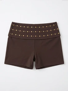 Auralis Brown High-Stretch High-Waisted Fold-Over Fitted Shorts – Modern, Elegant, And Distinctive - Brown - View 5