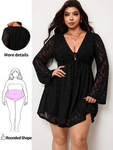 Enliva Plus-Size V-Neck A-Line Ruffle Sleeve Long-Sleeved Black Lace DressApple,Rounded Body - Black - View 1