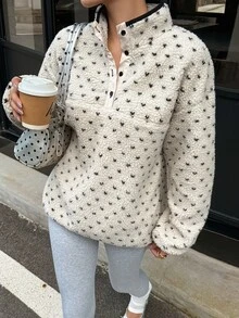 DAZY Cream White Polka Dot Lamb Fleece Round Neck Button Half-Placket Loose Long Sleeve Casual Sweatshirt - Grey - View 5