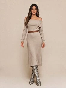 Amorya Women's Solid Color Off-Shoulder Casual Party Knit Dress - Khaki - View 8