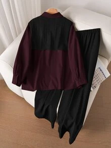 CosyJoli 大尺碼女款披肩裝飾長袖上衣與長褲休閒日常套裝 - 鏽棕色 - 查看 2