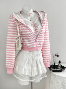 valorelle valorelle Women's Striped Hooded Zip-Up Casual Multi-Purpose Daily Long Sleeve Jacket - Pink - View 1