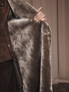 Anewsta Grey Lapel Fur-Trimmed One-Piece Long Coat With Waist Tie For Women - Brown - View 8
