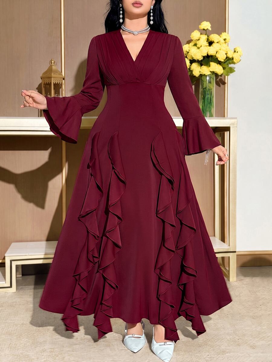 Feyla Plus Size Fashion Pleated Ruffle Trim Evening Dress - Burgundy - View 1