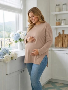 Plussiva Plus Size Solid Color Casual Versatile Daily Wear Top For Pregnant Women - Camel - View 10