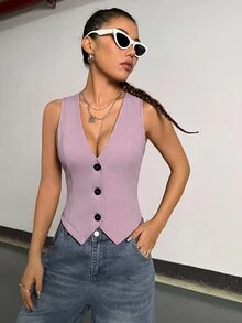 Sweetra 女款純色單排扣休閒通勤西裝背心 - 淺粉色 - 查看 5