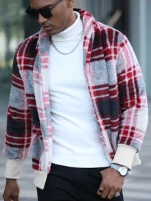 Manfinity CasualCool 男士格紋休閒百搭日常通勤長袖夾克 - 黑紅色 - 查看 6