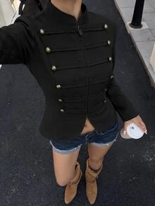 Lavishia Women's Light Khaki Slim Fit Zipper Front Napoleon/Military Style Jacket, Summer Outfit, Outing, Country Concert Attire, Summer Top - Black - View 4