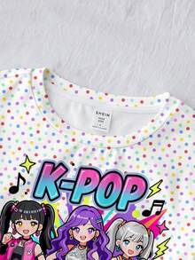 迷你多巴胺彩色波點 Y2K 時尚街頭風 K-Pop 韓系女孩賽博螢光圖案印花女款休閒舒適修身短袖 T 恤，適合日常室內穿著、疊穿、運動、外出、音樂節，美式高街甜酷女孩慵懶時尚少女風 - 彩色 - 查看 4