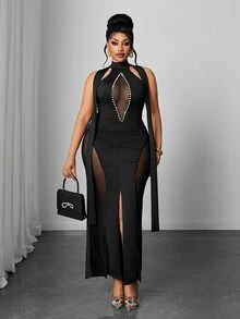 Maweii Plus Size Goddess Sexy Black High Neck Halter Neck Tie-Up Fitted Long Dress With Sheer Mesh, Rhinestone Decor, Draped Ribbon, Side Patchwork Semi-Sheer Mesh Design For Cocktail Party, Birthday, Ball, Nightclub, Evening Banquet - Black - View 5