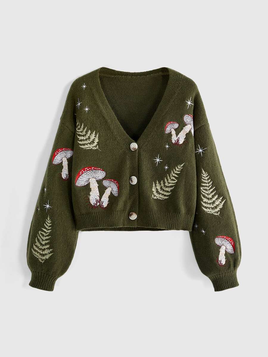 ROMWE Goth Mori Style Mushroom Herbal Star Moon Embroidered Short Loose Cardigan For Women - Army Green - View 1