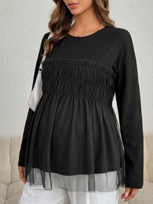 Dazy Maternity Contrast Mesh Loose Long Sleeve Round Neck Casual Vacation Spring Autumn Maternity T-Shirt - Black - View 4