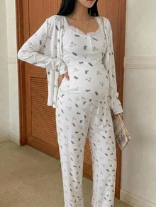 DAZY Floral Print Contrast Lace Camisole Loose Cardigan Straight Leg Pants Casual Daily Home Wear Maternity 2 Pieces Set - White - View 5