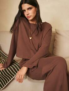 Lullawish Women's 100% Cotton Knitted Drop Shoulder Long Sleeve Top And Pants Pajama Set - Brown - View 6