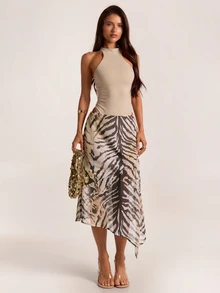 SHEIN BAE Fall Apricot Animal Print High Waist Asymmetrical Flowy Chiffon Midi Skirt Vacation Boho Date Street Casual Beach - Multicolor - View 3