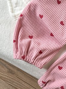 SHEIN Vintaside Kids 3件組女嬰連身衣褲套裝，可愛甜美白色粉色蝴蝶結荷葉邊愛心羅紋長袖圓領秋季套頭公主生日派對髮箍 - 粉色 - 查看 8
