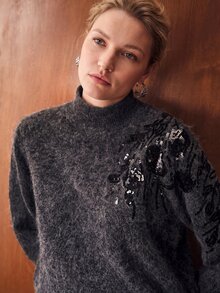 MOTF PREMIUM PLUS SIZE WOMEN'S SEQUIN STAND COLLAR CASUAL DAILY LONG SLEEVE SWEATER - Dark Grey - View 6
