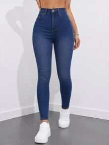 SHEIN ICON 女款休閒日常牛仔褲，附口袋與鈕扣設計 - 中等水洗藍 - 查看 5
